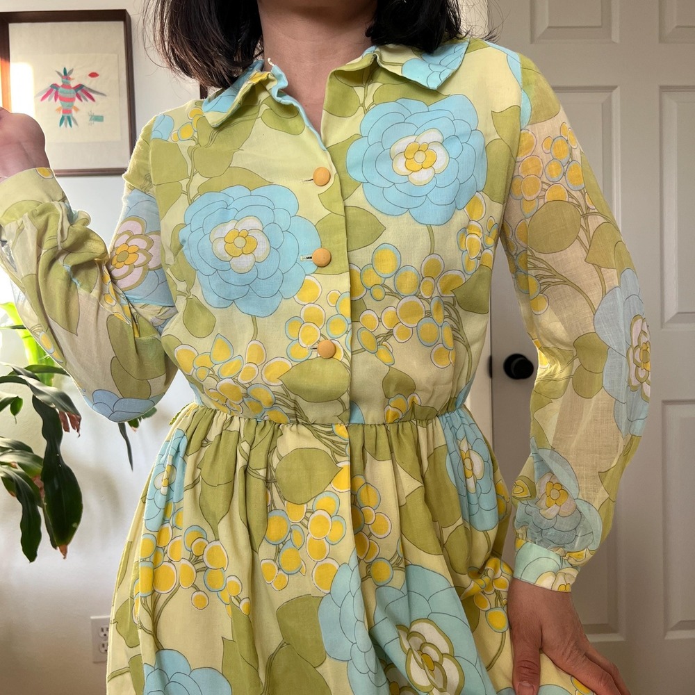 Vintage 60s Floral Dress Long Sleeve Blue Yellow Small Medium romantic Boho